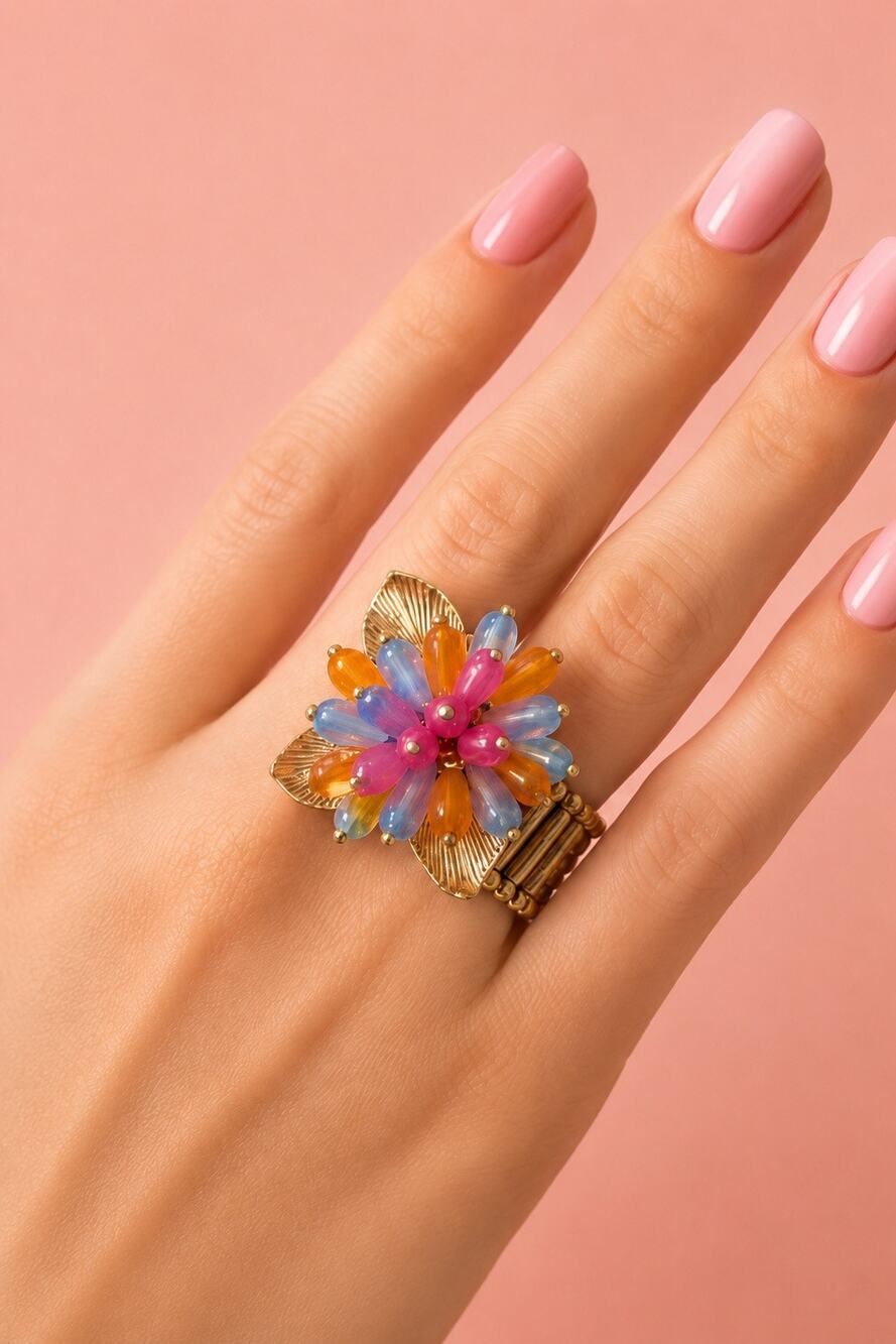 Colorful Lucite Beaded Flower Stretch Ring Gold Tone Pink Orange Blue Statement